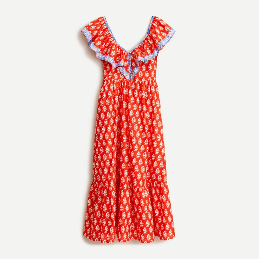 J Crew Floral Maxi Dress Ruffle Flutter V Neck Block Print Size 8 J. Crew